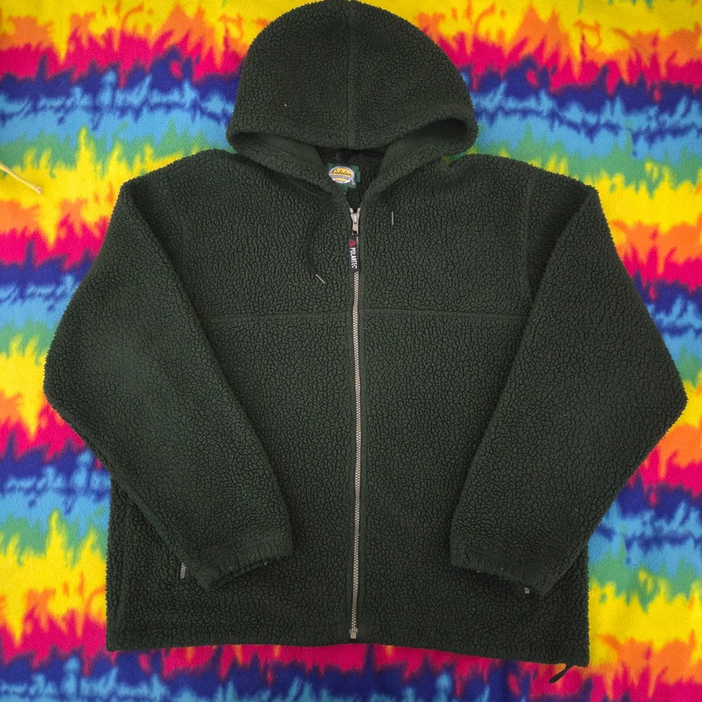 Vintage Cabelas Polartec Fleece Hoodie Forest Green Full Zip Made in USA Mens L